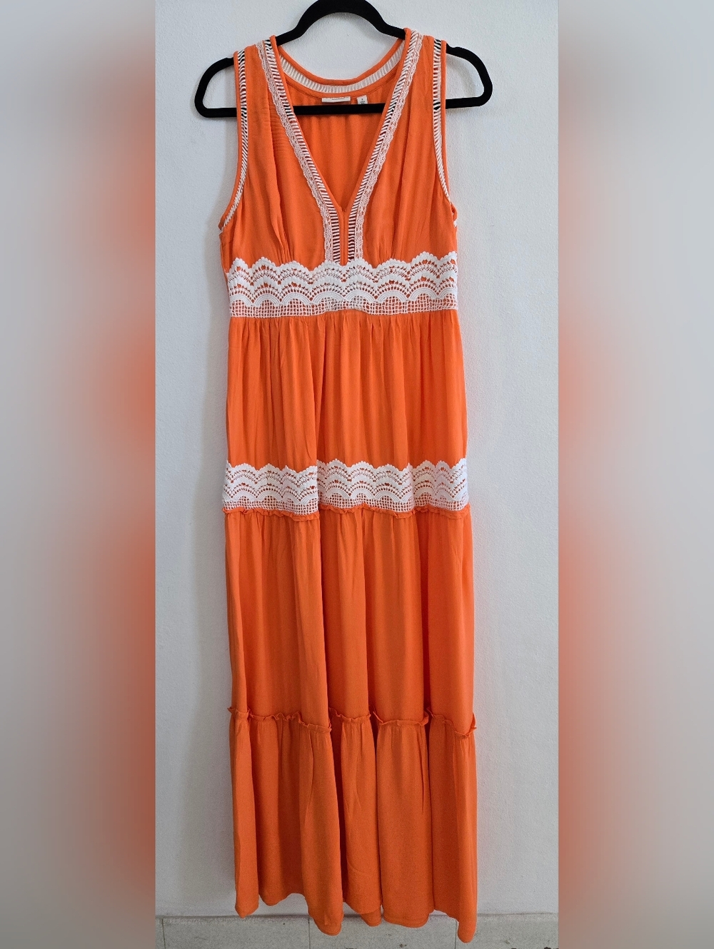 Eva Mendes Orange Maxi Dress with White Crochet Trim Size S